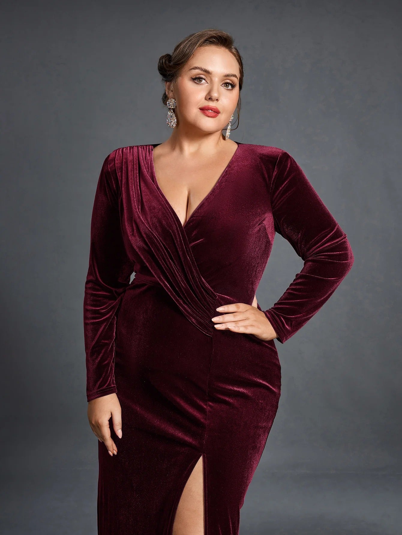 Wine Velvet Wrap Gown – Elegant Slit Evening & Party Dress