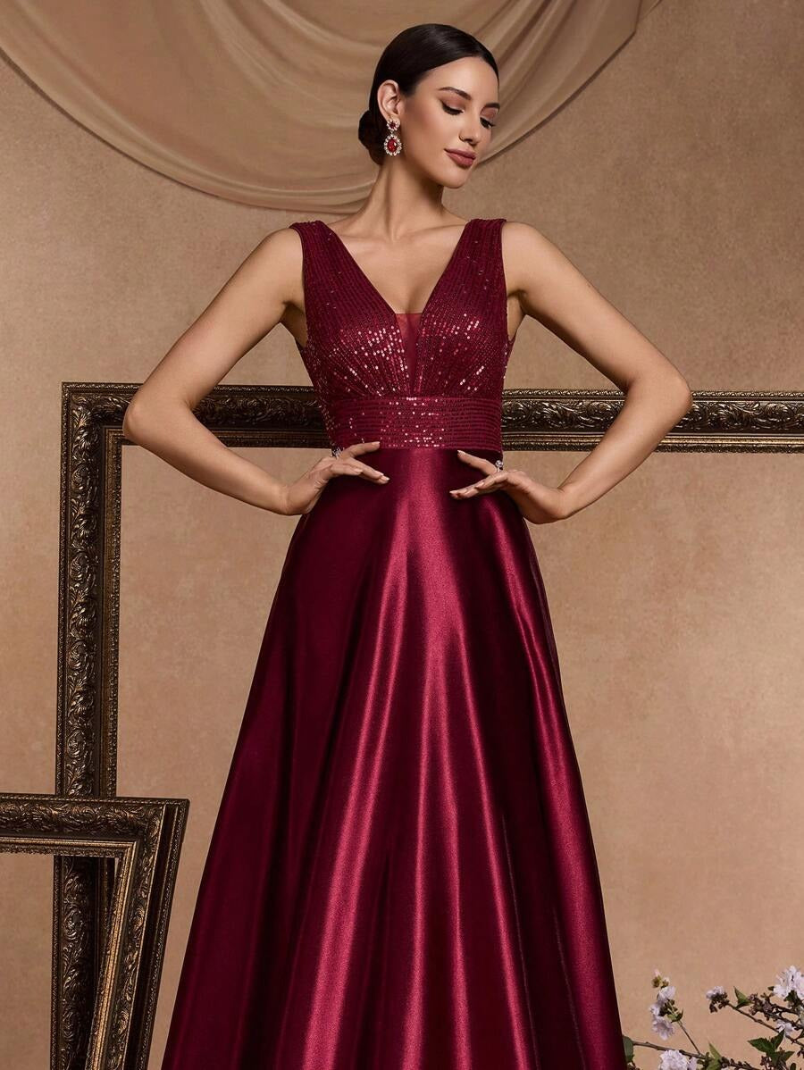 ✨ Luxury Maroon Sequin V-Neck Evening Gown for Women | Elegant Party & Wedding Maxi Dress