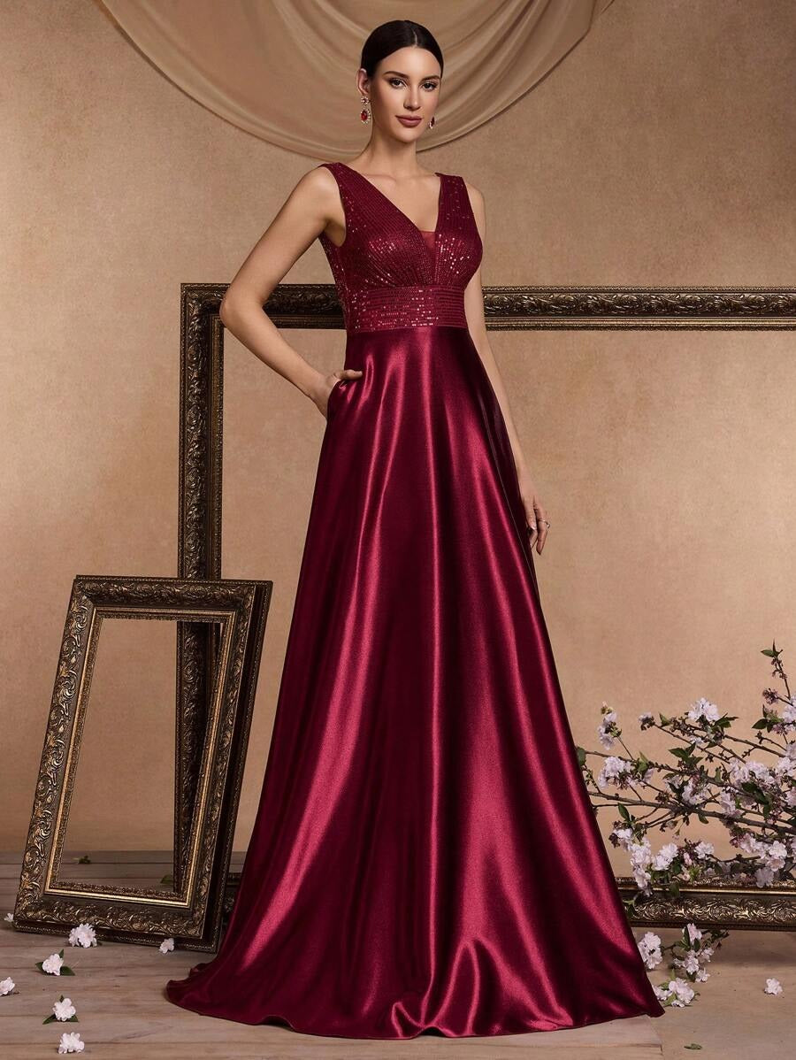 ✨ Luxury Maroon Sequin V-Neck Evening Gown for Women | Elegant Party & Wedding Maxi Dress