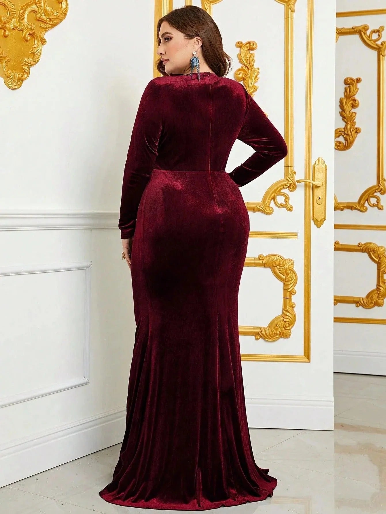 Luxury Maroon Sequin Embellished Flared Gown with Full Sleeves