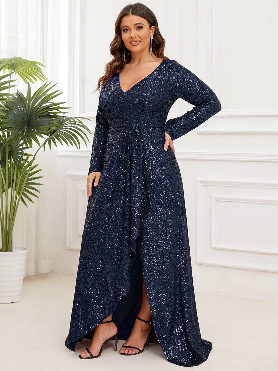 ✨ Luxury Navy Blue Sequin Evening Gown – Full Sleeve Mermaid Fit