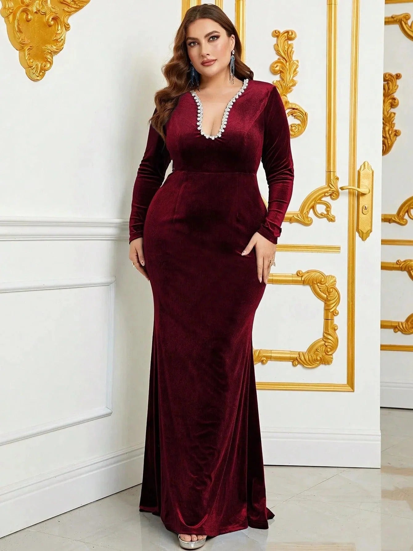Luxury Maroon Sequin Embellished Flared Gown with Full Sleeves