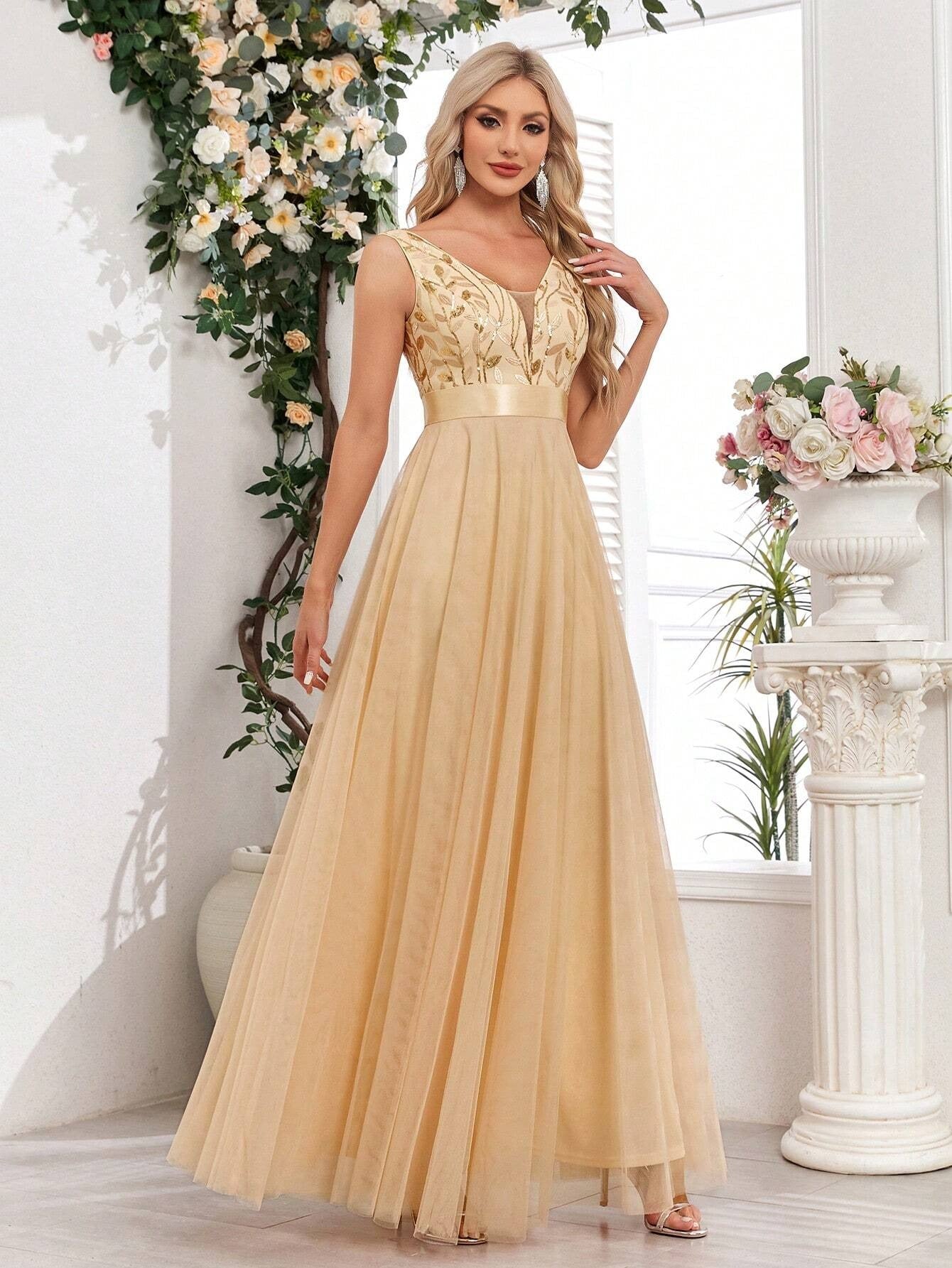 Elegant Peach Detail Maxi Dress for Women | Party & Casual Wear