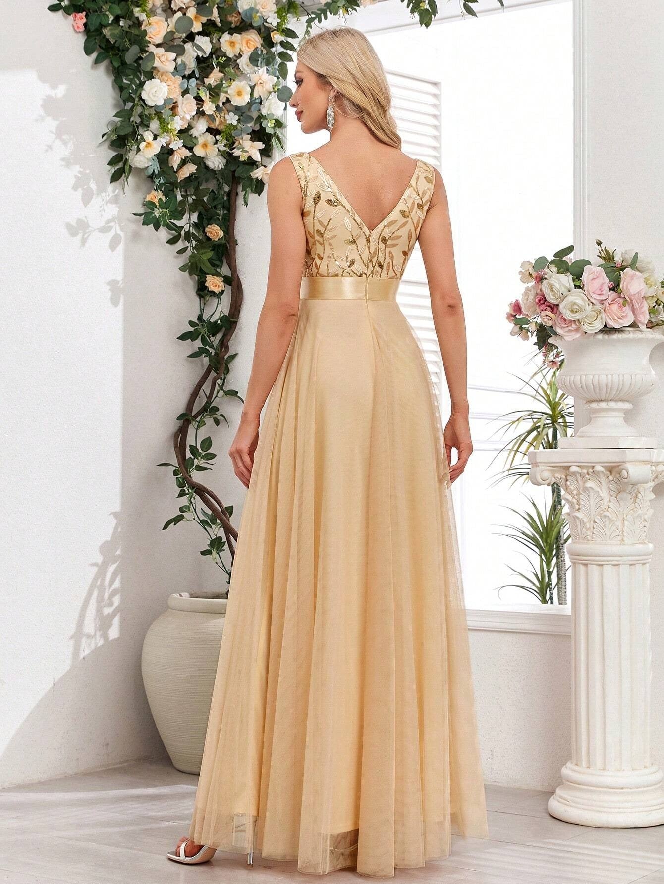 Elegant Peach Detail Maxi Dress for Women | Party & Casual Wear