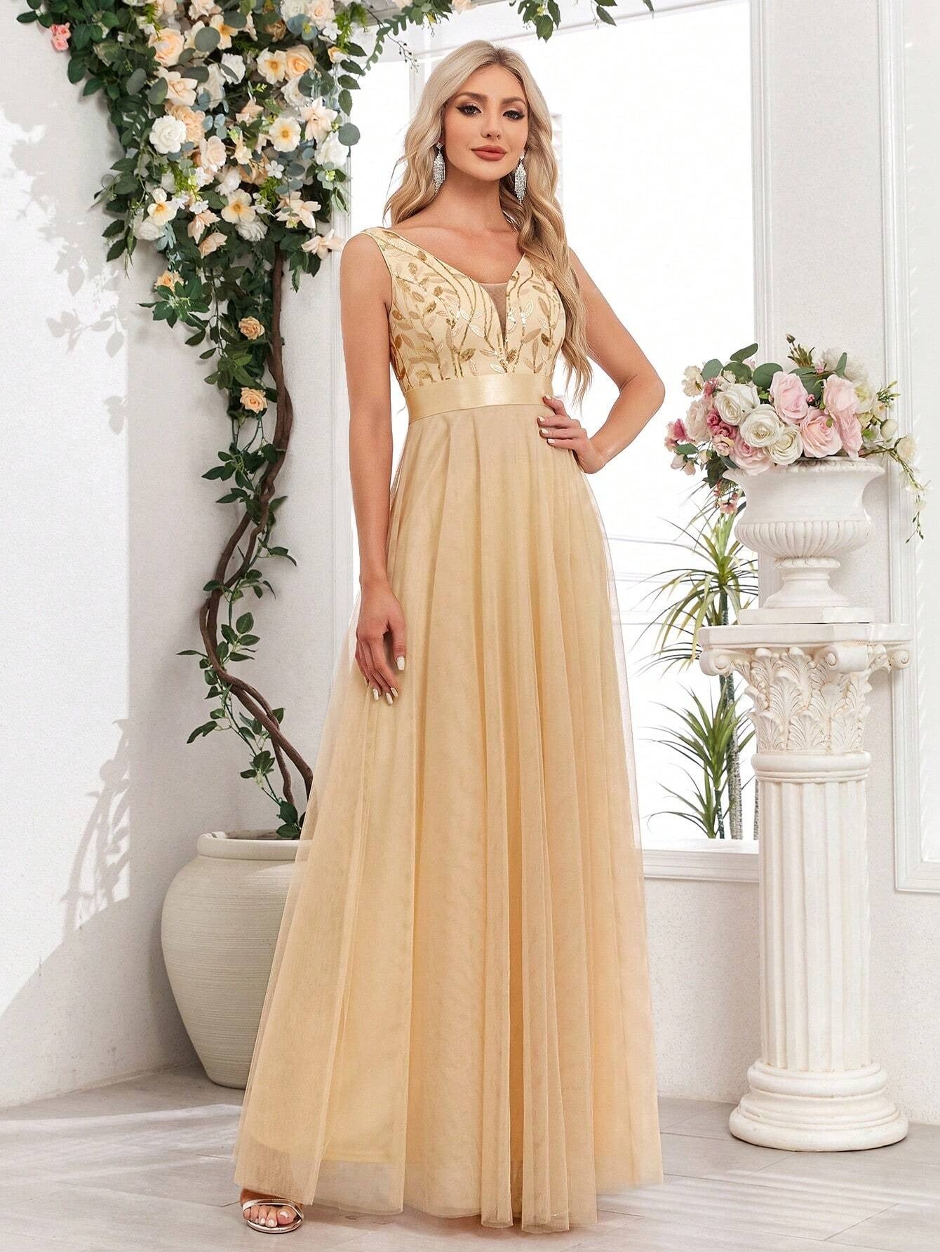 Elegant Peach Detail Maxi Dress for Women | Party & Casual Wear