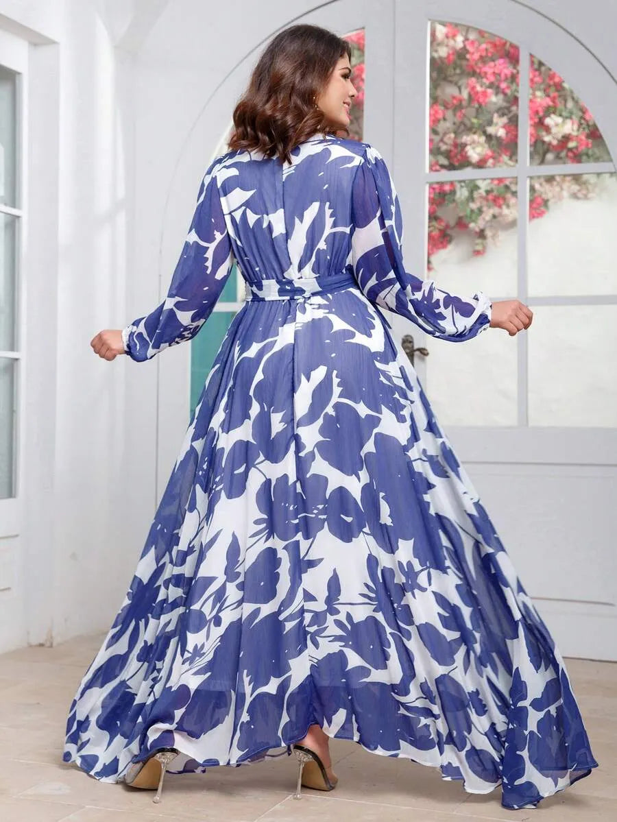Women’s Blue & White Floral Print Maxi Dress with Long Sleeves