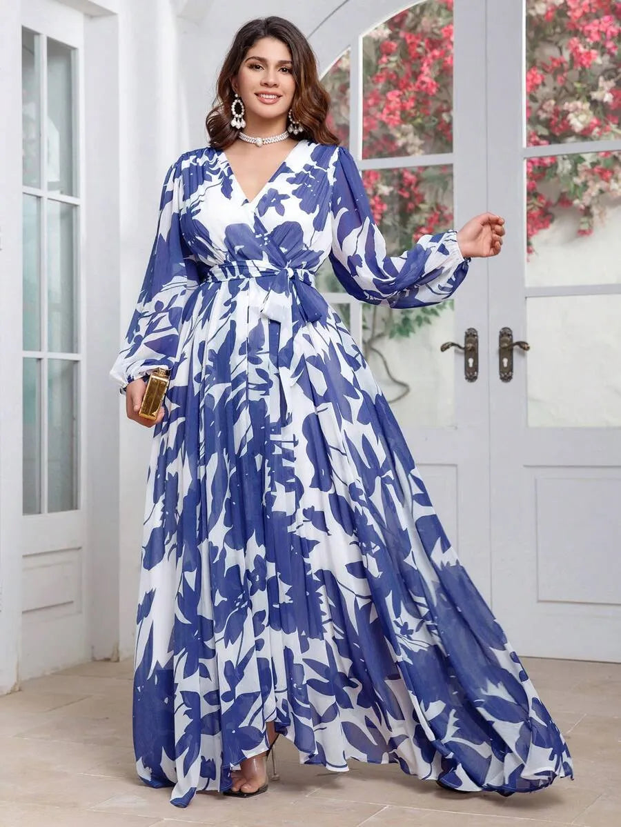 Women’s Blue & White Floral Print Maxi Dress with Long Sleeves