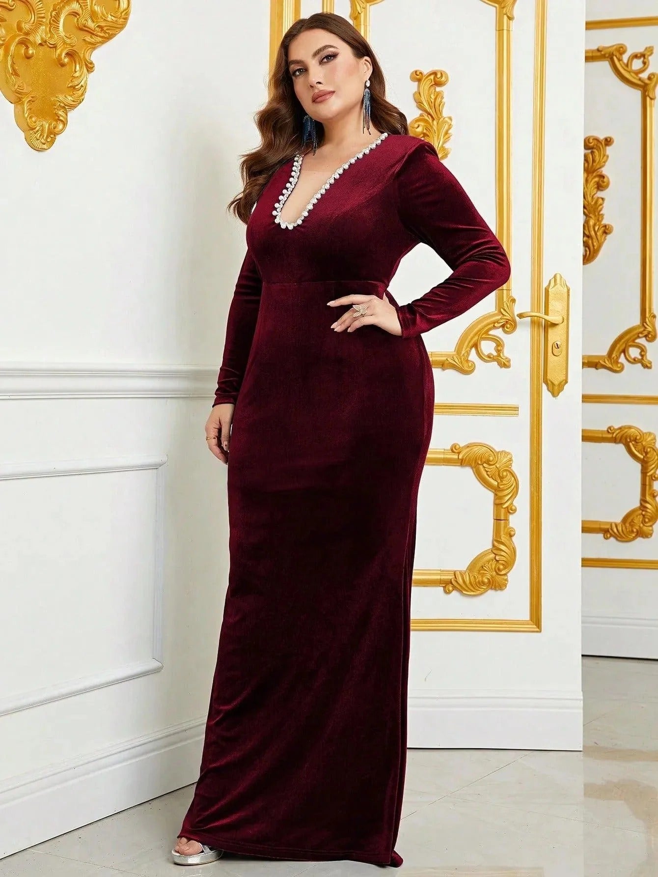 Luxury Maroon Sequin Embellished Flared Gown with Full Sleeves