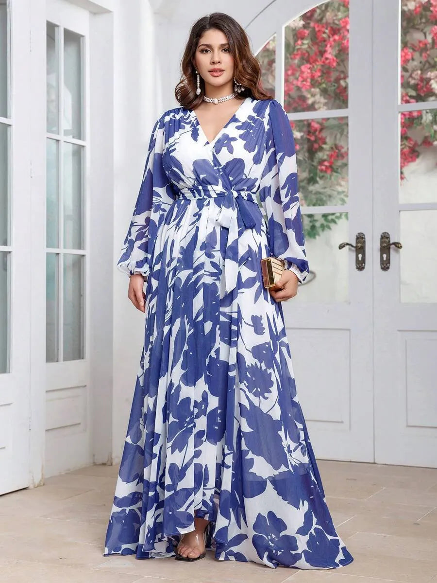 Women’s Blue & White Floral Print Maxi Dress with Long Sleeves