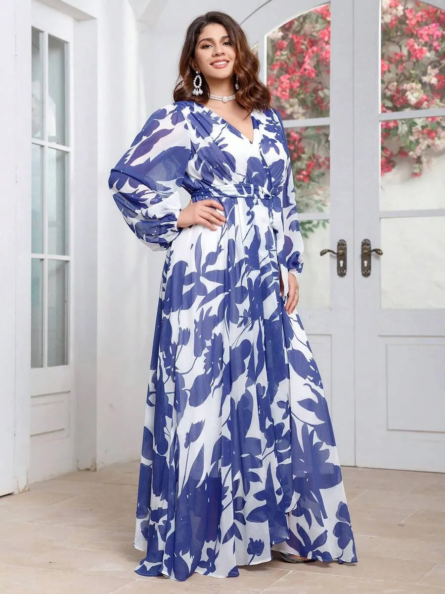 Women’s Blue & White Floral Print Maxi Dress with Long Sleeves