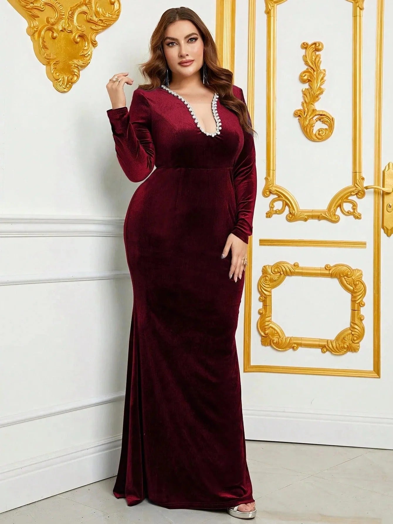 Luxury Maroon Sequin Embellished Flared Gown with Full Sleeves