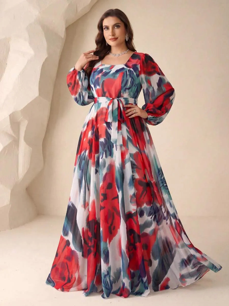 Women’s Multicolor Floral Print Maxi Dress with Long Sleeves