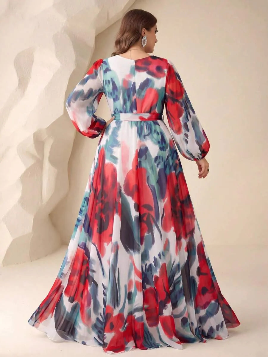 Women’s Multicolor Floral Print Maxi Dress with Long Sleeves
