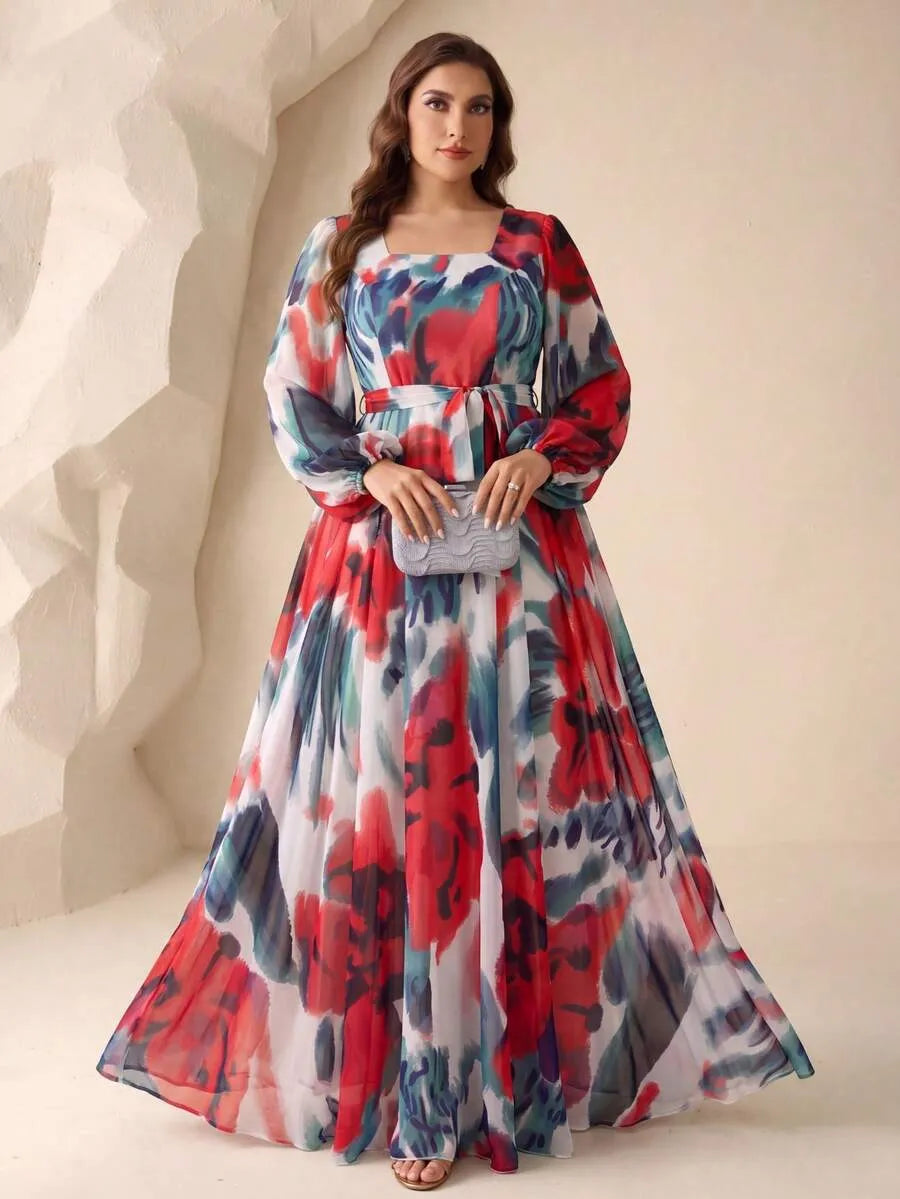 Women’s Multicolor Floral Print Maxi Dress with Long Sleeves