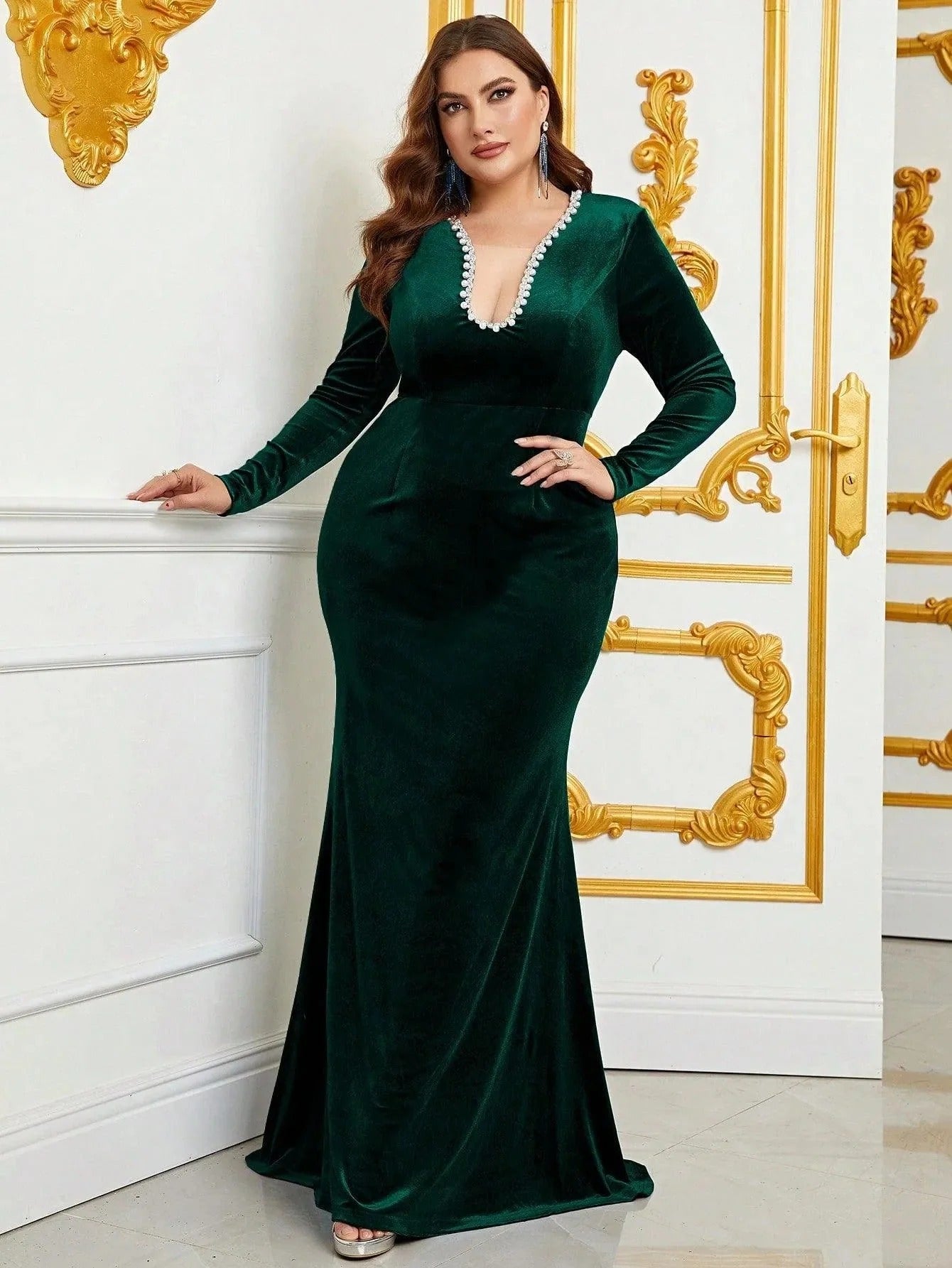 Luxury Green Sequin Embellished Flared Gown with Full Sleeves