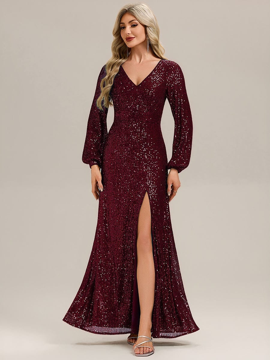 ✨ Luxury Maroon Sequin Evening Gown – Full Sleeve Mermaid Fit