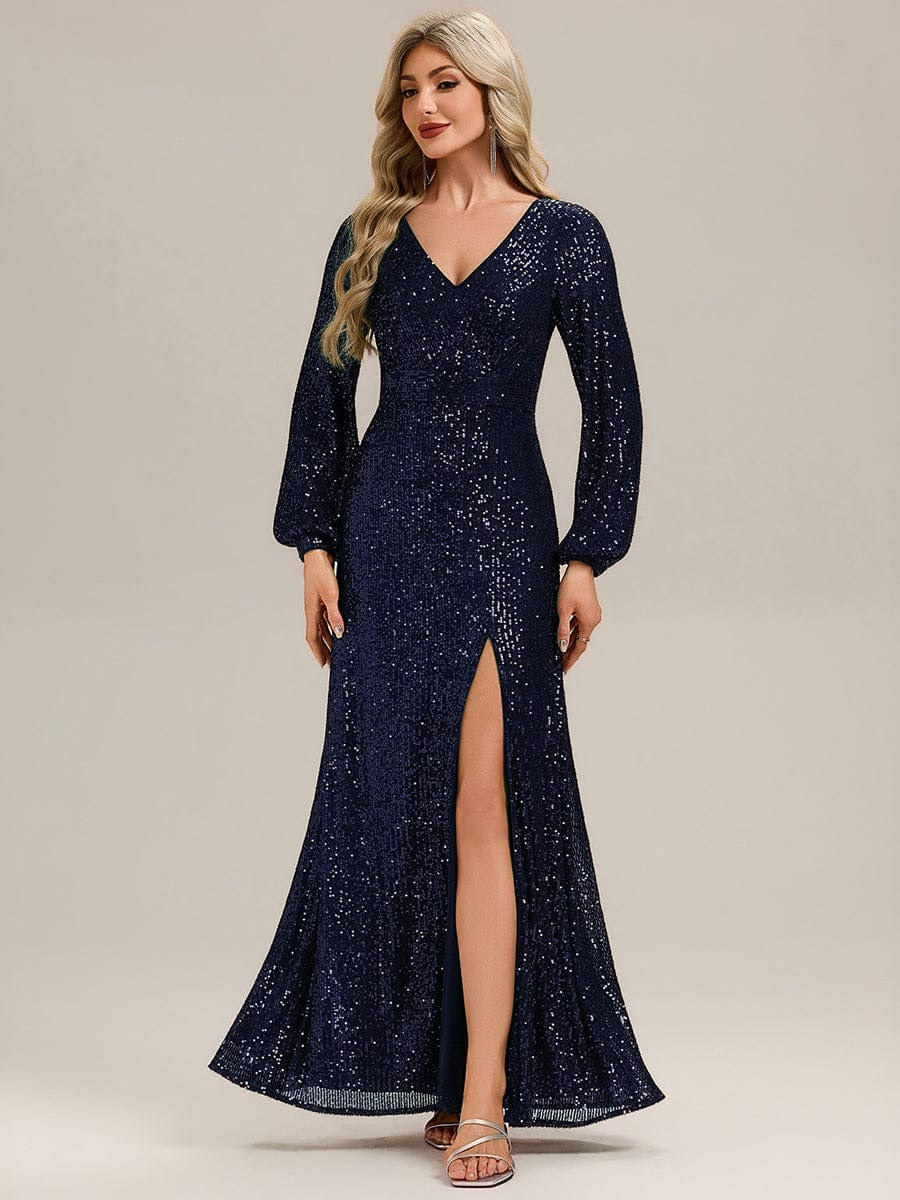 ✨ Luxury Blue Sequin Evening Gown – Full Sleeve Mermaid Fit