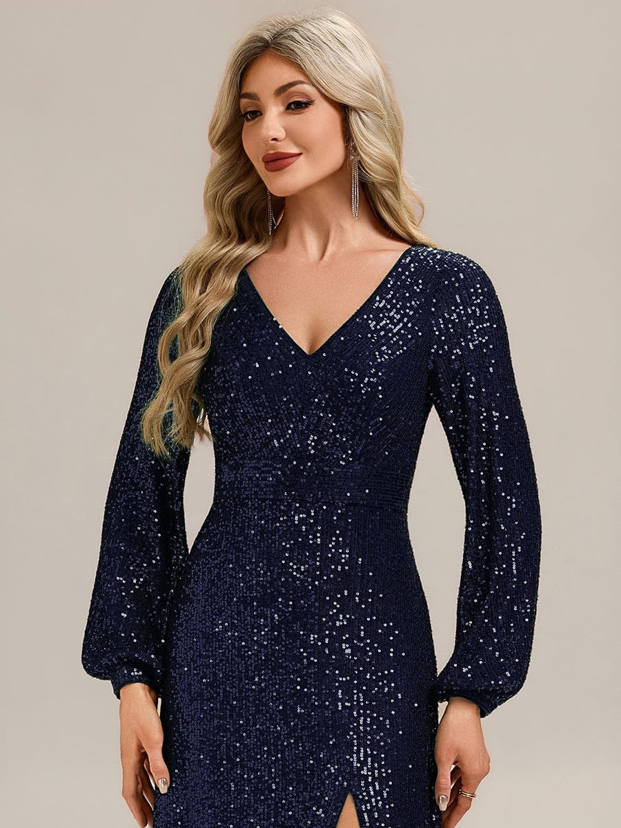 ✨ Luxury Blue Sequin Evening Gown – Full Sleeve Mermaid Fit