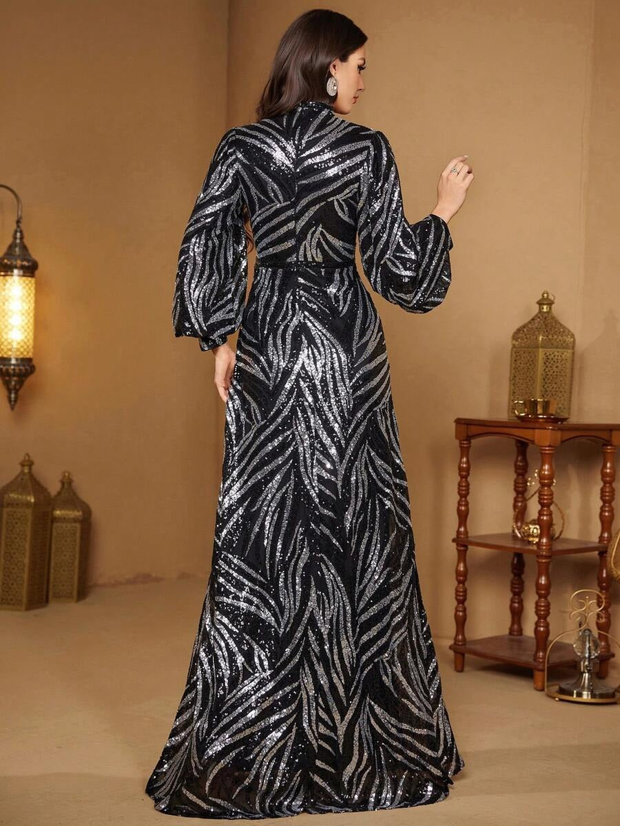 Signature  Black & Silver Sequin Evening Gown – Front Slit Maxi