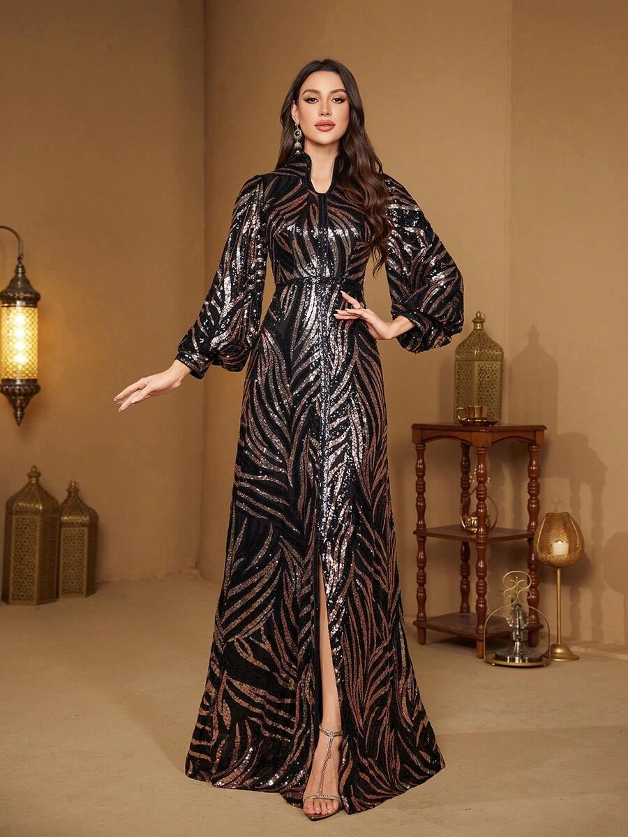 Signature Gold Sequin Evening Gown – Front Slit Maxi