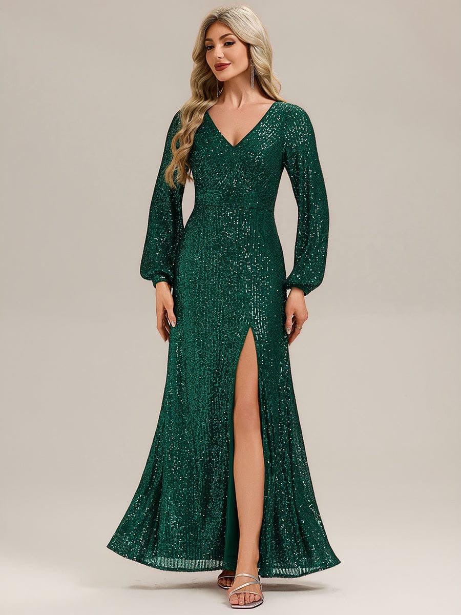 ✨ Luxury Green Sequin Evening Gown – Full Sleeve Mermaid Fit