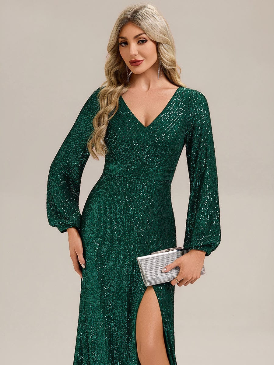 ✨ Luxury Green Sequin Evening Gown – Full Sleeve Mermaid Fit