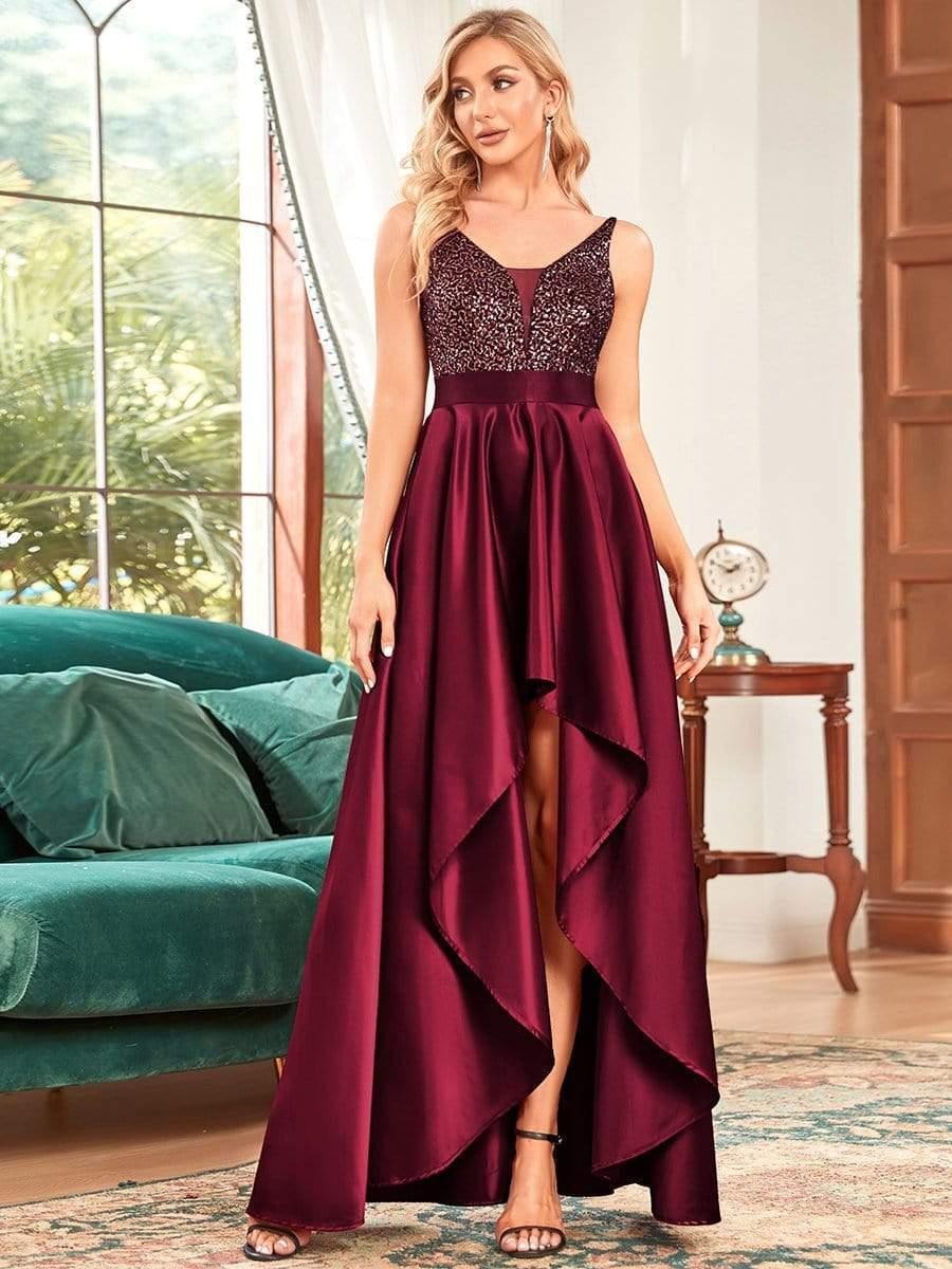 Luxury Maroon Sequin High-Low Maxi Dress for Women