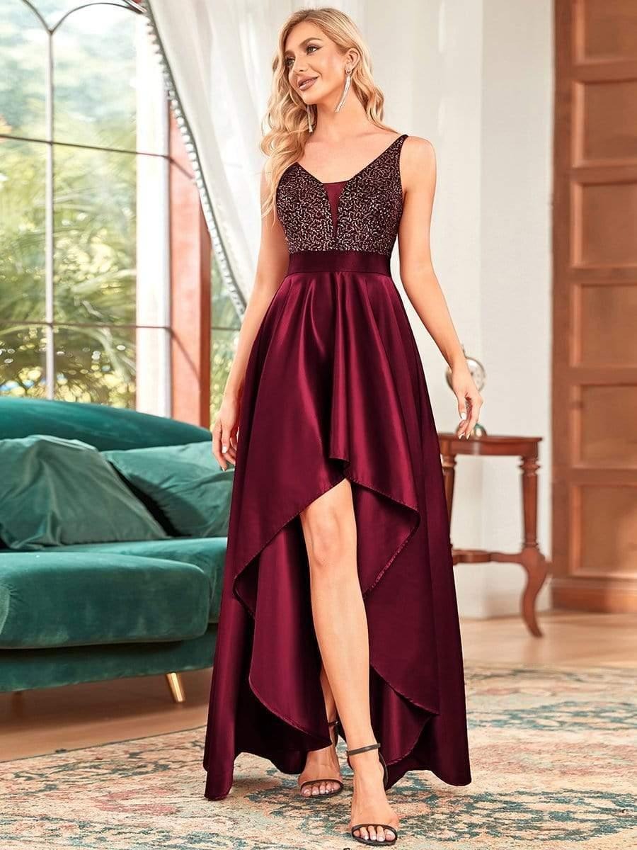 Luxury Maroon Sequin High-Low Maxi Dress for Women