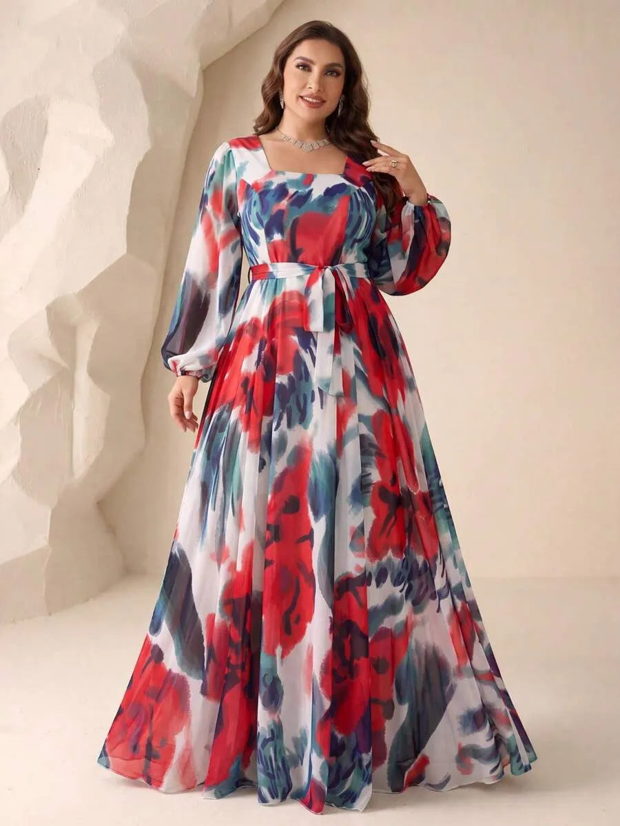 Women’s Multicolor Floral Print Maxi Dress with Long Sleeves