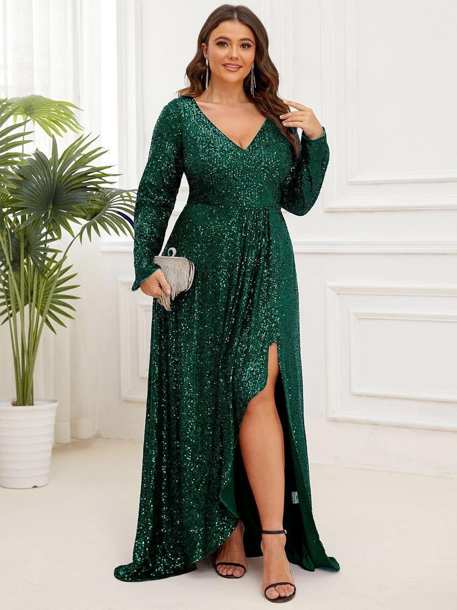✨ Luxury Green Sequin Evening Gown – Full Sleeve Mermaid Fit Green