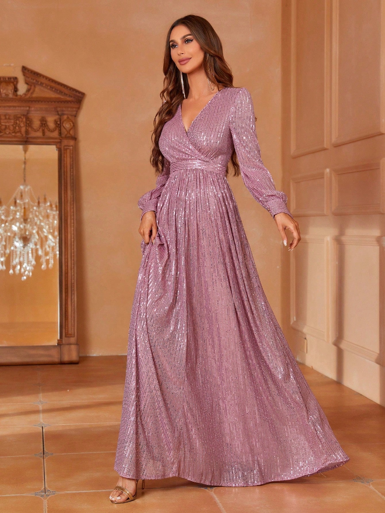 Styling Park  Sequin V-Neck Long Sleeve Maxi Evening Dress