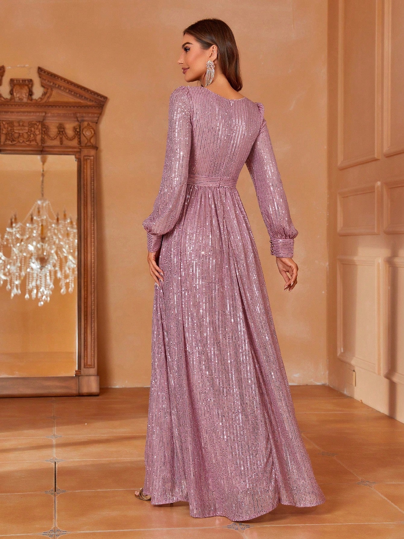 Styling Park  Sequin V-Neck Long Sleeve Maxi Evening Dress