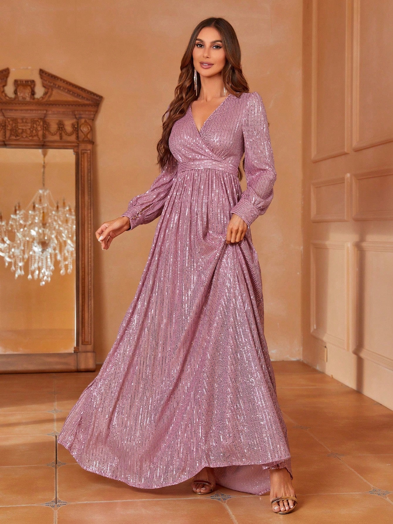 Styling Park  Sequin V-Neck Long Sleeve Maxi Evening Dress