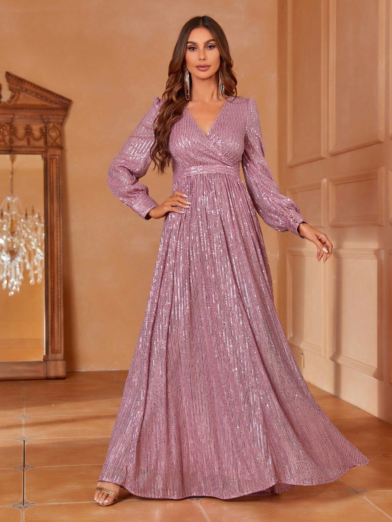 Styling Park  Sequin V-Neck Long Sleeve Maxi Evening Dress
