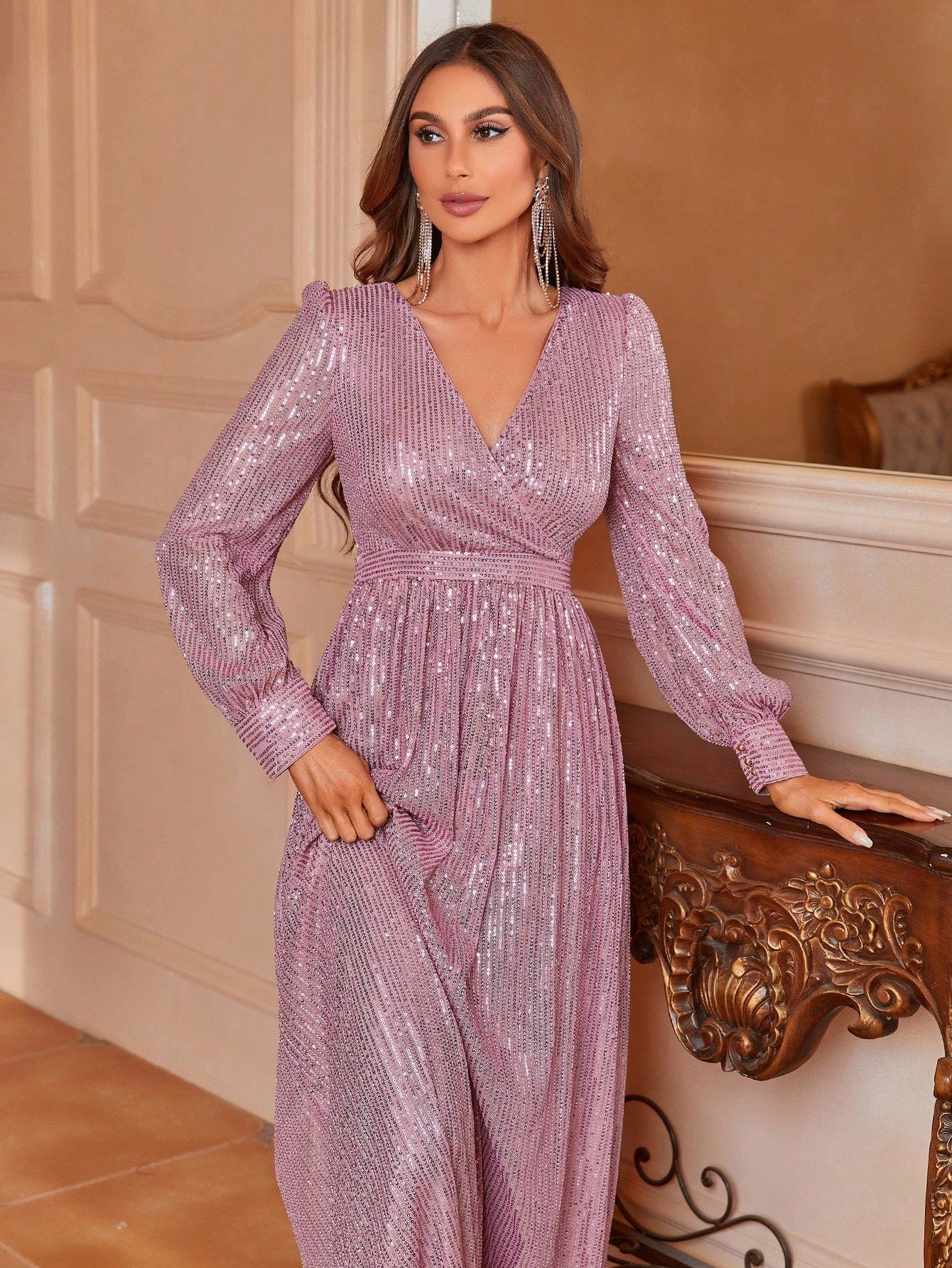 Styling Park  Sequin V-Neck Long Sleeve Maxi Evening Dress