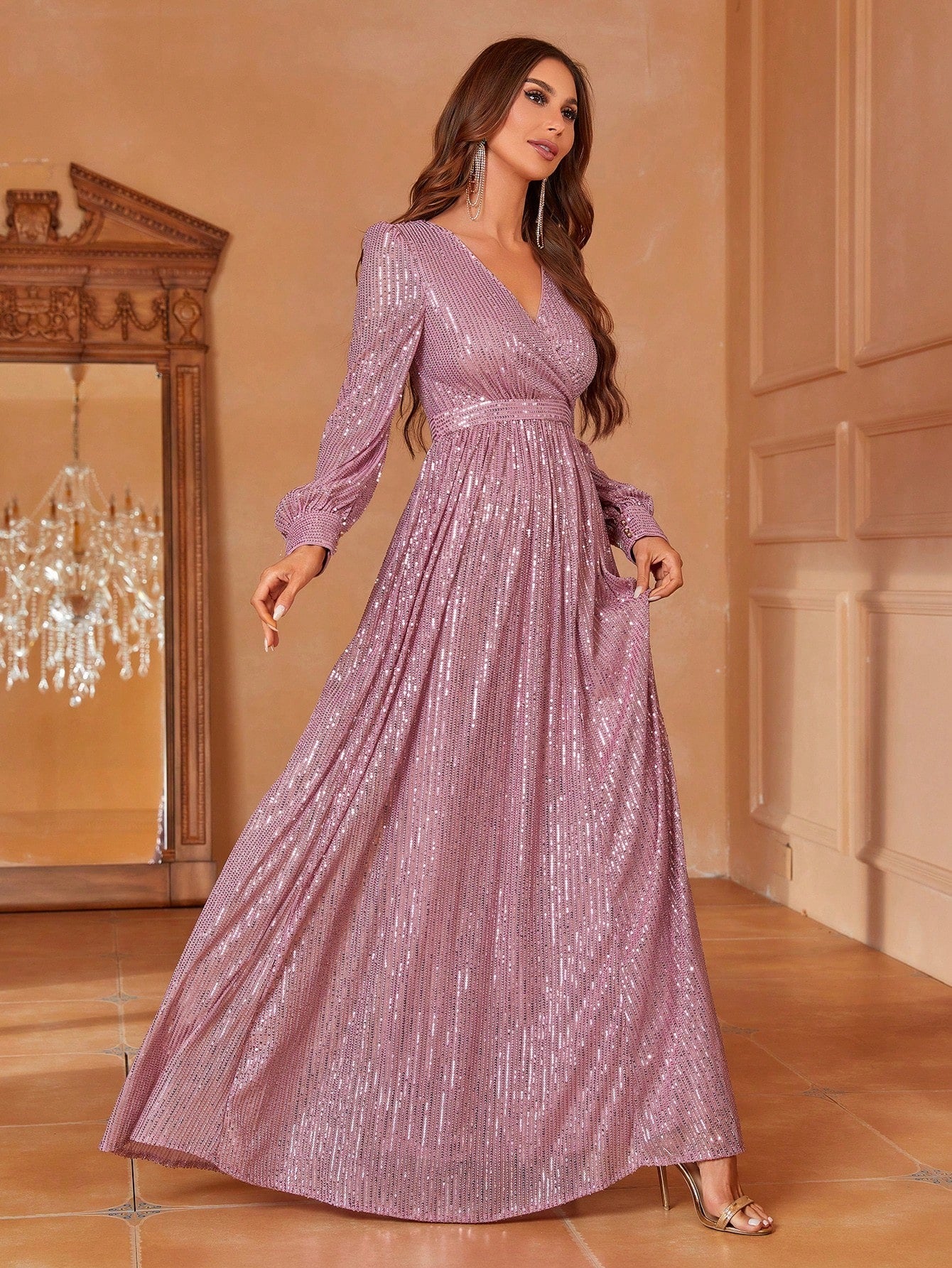 Styling Park  Sequin V-Neck Long Sleeve Maxi Evening Dress