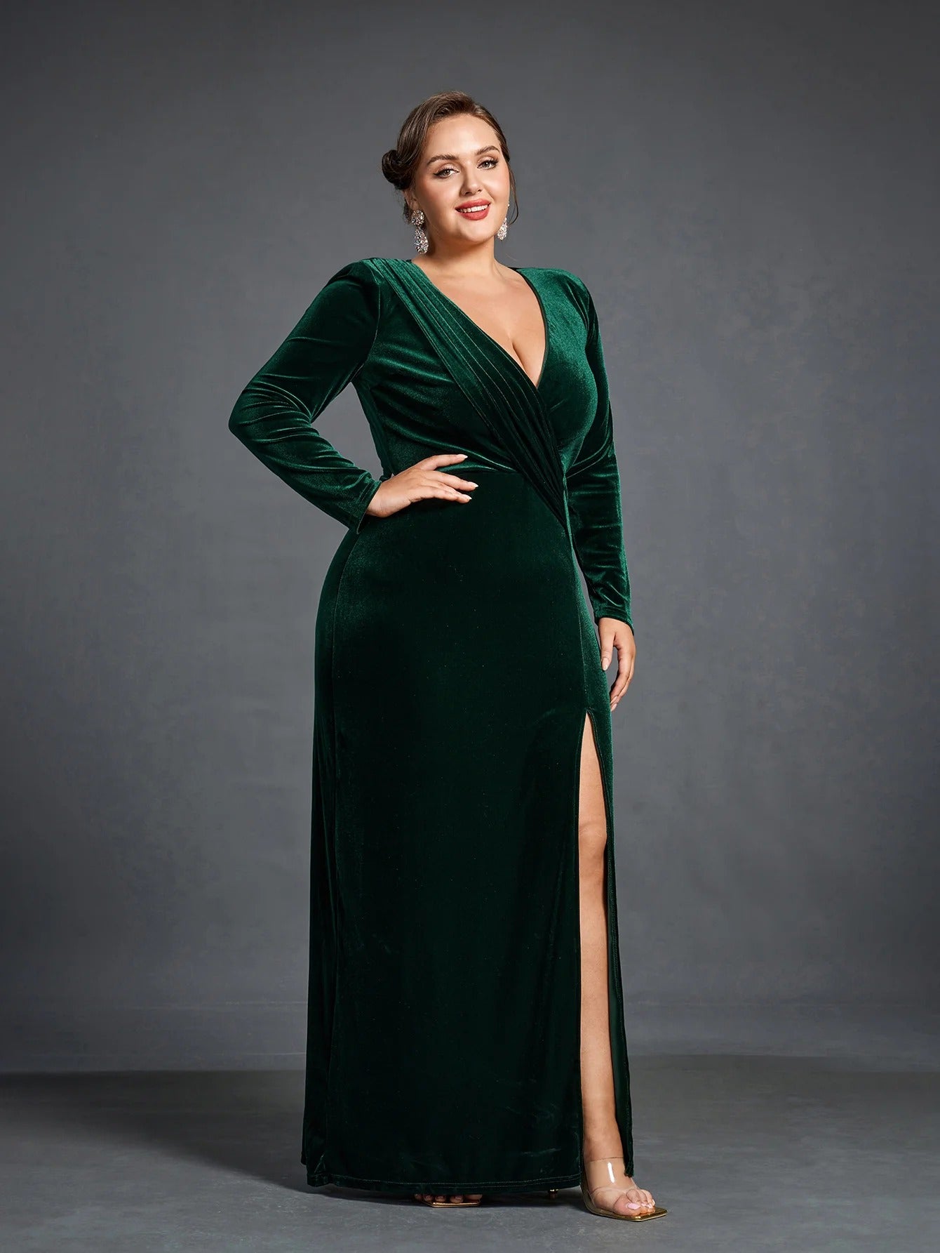 Green Velvet Wrap Gown – Elegant Slit Evening & Party Dress