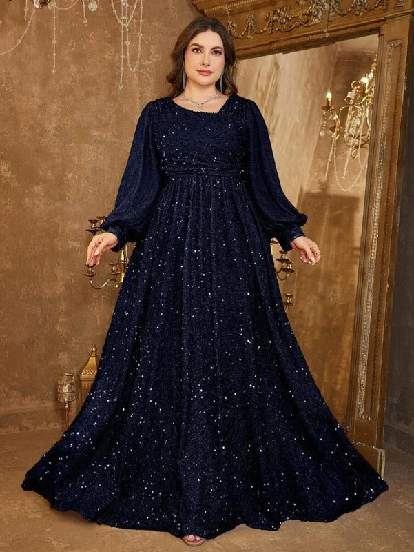 Luxury Blue Sequin Embellished Flared Gown with Full Sleeves