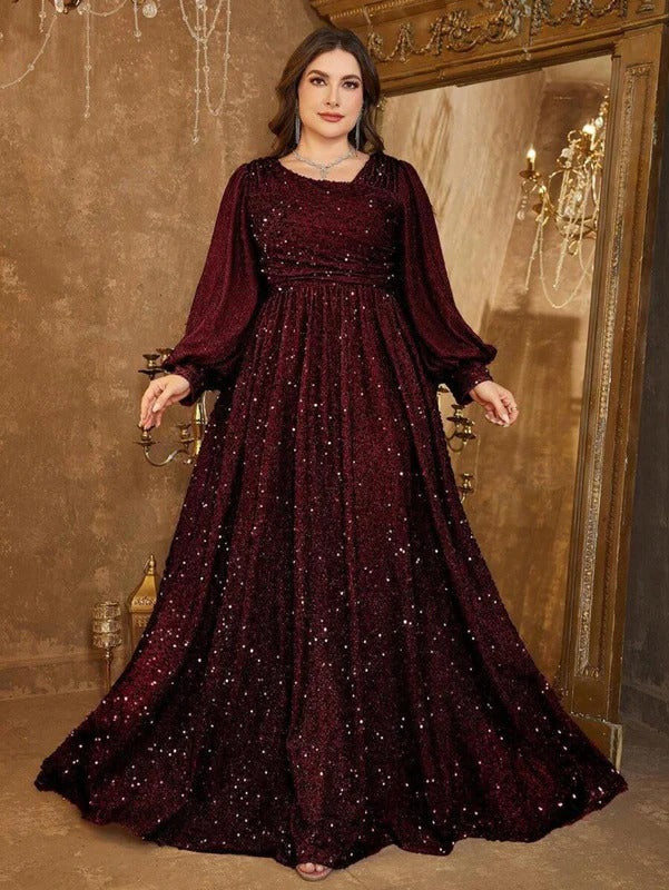 Luxury Maroon Sequin Embellished Flared Gown with Full Sleeves