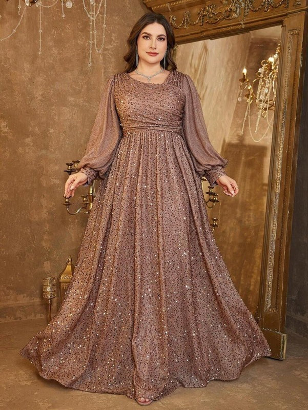 Luxury Brown Sequin Embellished Flared Gown with Full Sleeves