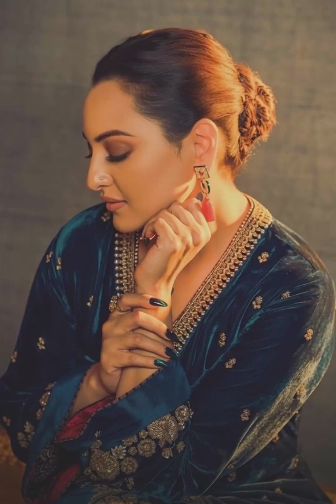 Luxury Blue Velvet Embroidered Anarkali Gown Set