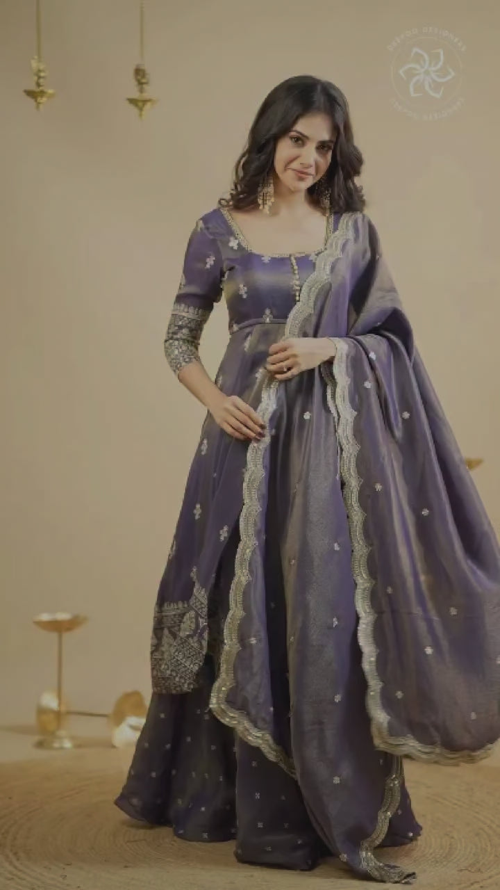 Midnight Blue Foil Print Anarkali Kurta Set with Dupatta