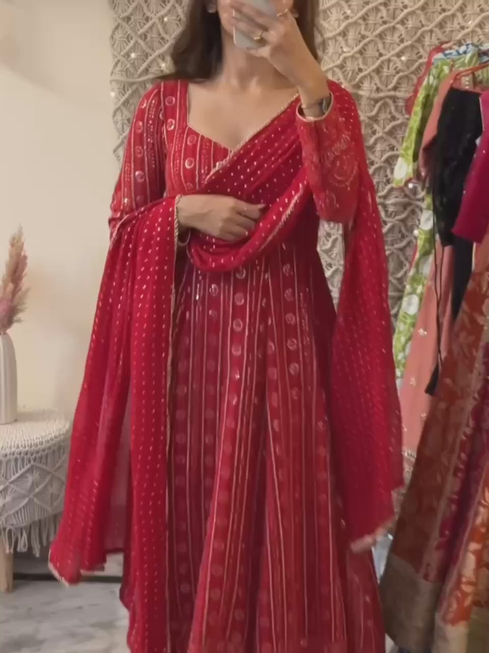 White Embroidered Faux Blooming Anarkali Suit with Dupatta Red