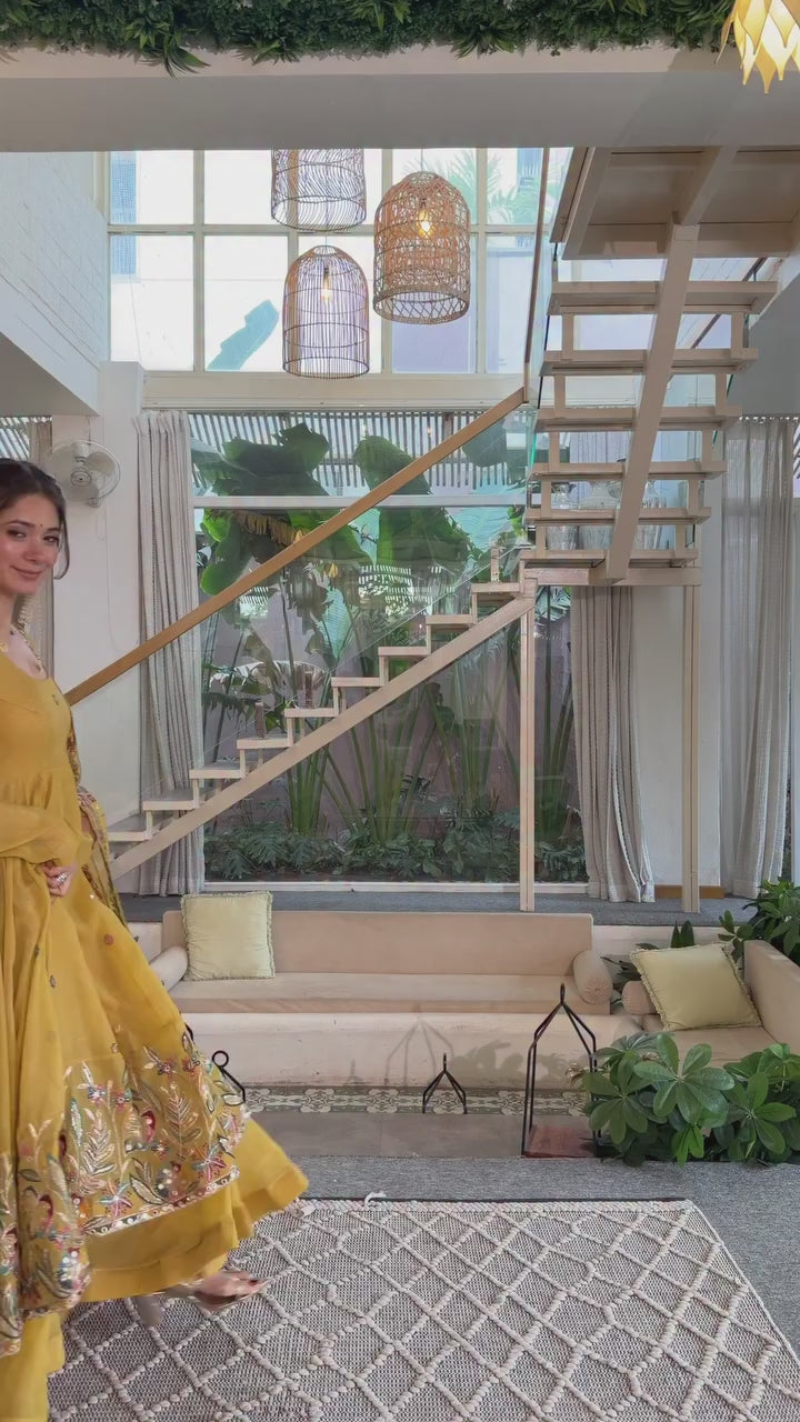 Mustard Yellow Embroidered Anarkali Gown Set