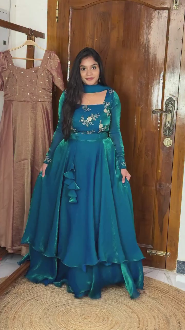 Royal Teal Blue Embroidered Layered Anarkali Gown with Dupatta