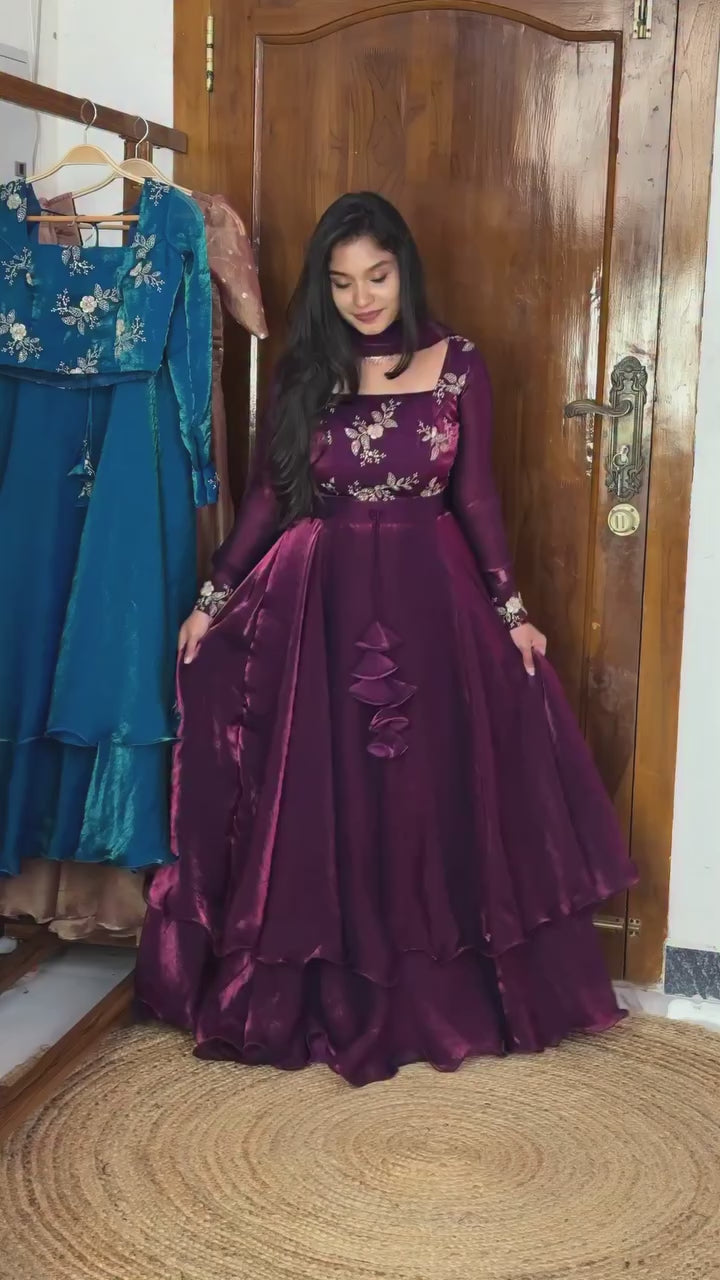 Royal Teal Wine Embroidered Layered Anarkali Gown with Dupatta